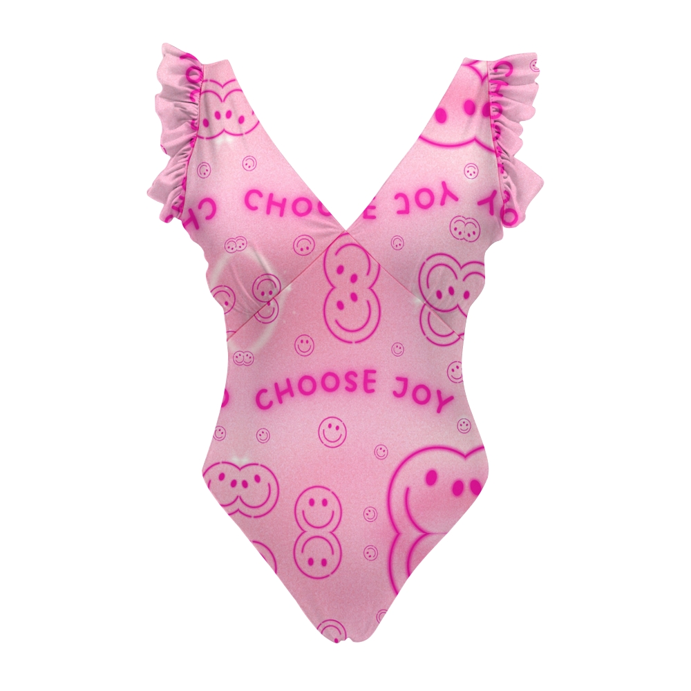 Pink Cartoon Print One Piece Swimsuit with Deep V Neckline, Ruffled Straps and Playful Motif