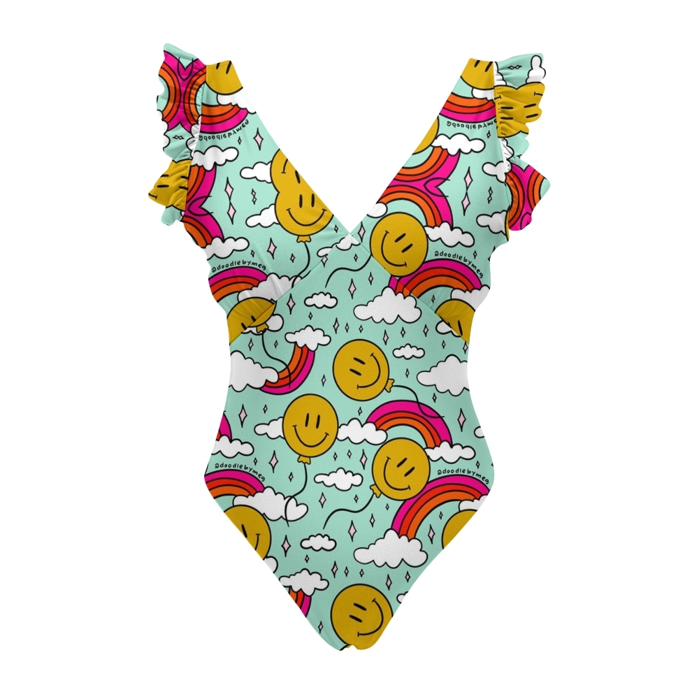 Whimsical Motif Print One Piece Swimsuit with Ruffled Straps and Deep 