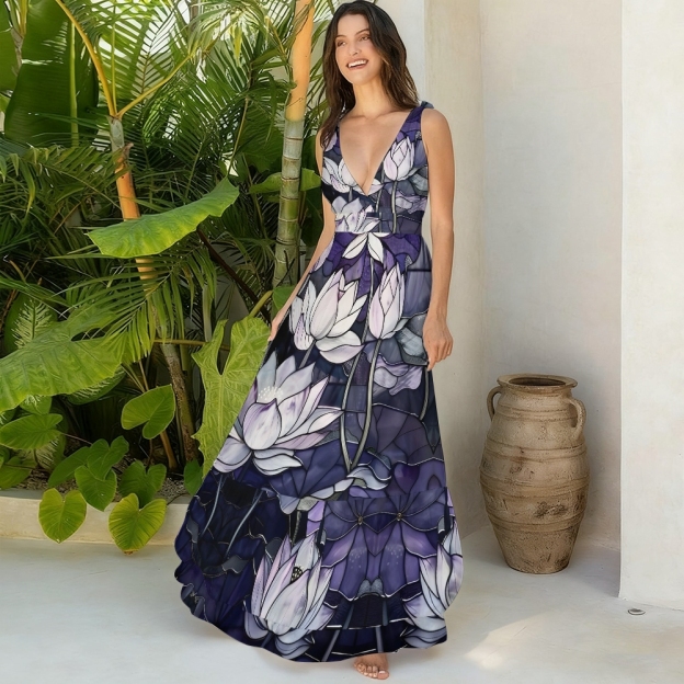 Artistic Lotus Print Bow Shoulder One-Piece Swimsuit and Tiered Maxi Skirt