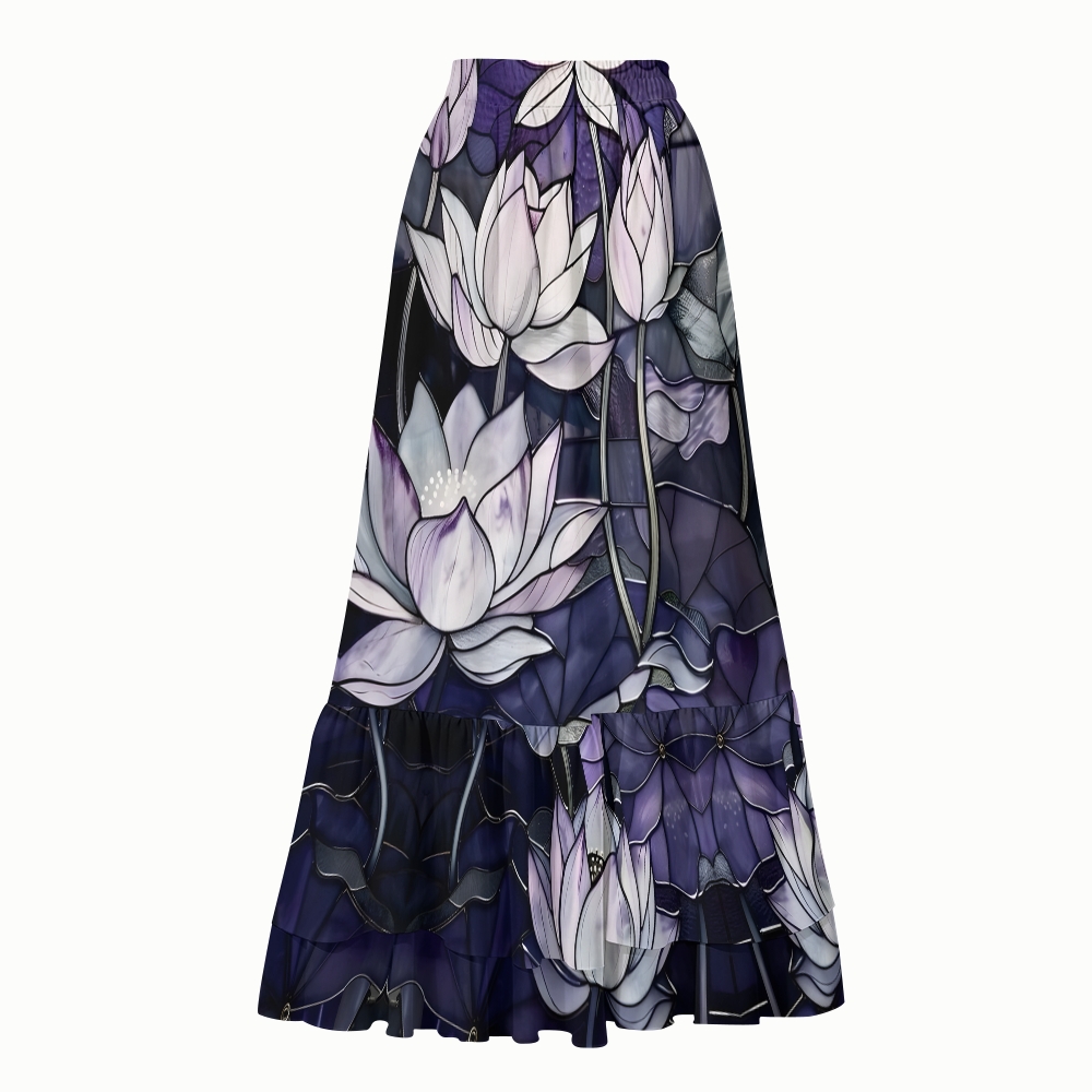 Artistic Lotus Print Bow Shoulder One-Piece Swimsuit and Tiered Maxi Skirt
