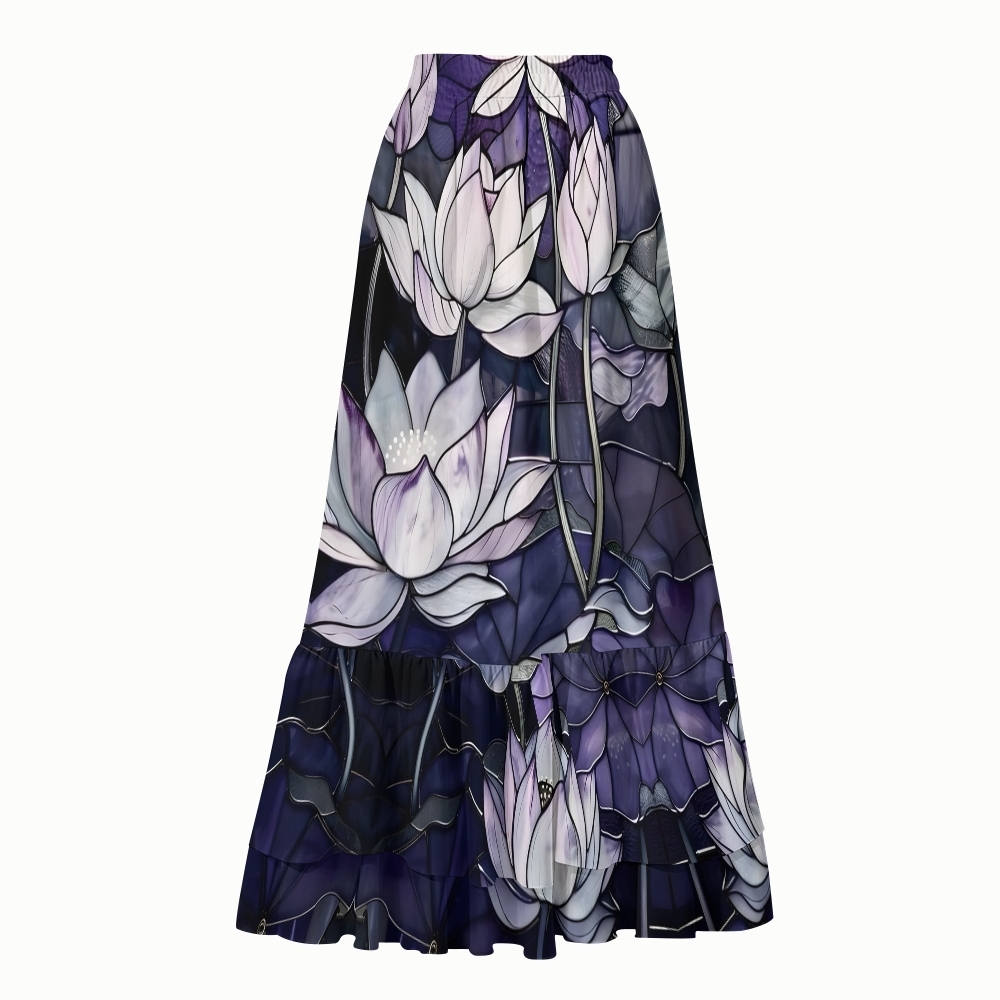Artistic Lotus Print Bow Shoulder One-Piece Swimsuit and Tiered Maxi Skirt