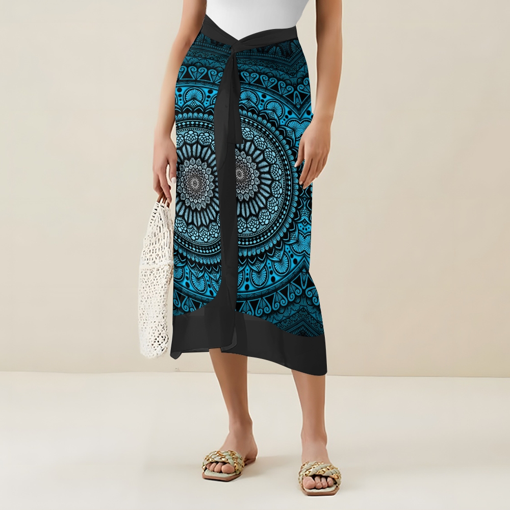 Bohemian Mandala One-Piece Swimsuit with Matching Sarong Skirt
