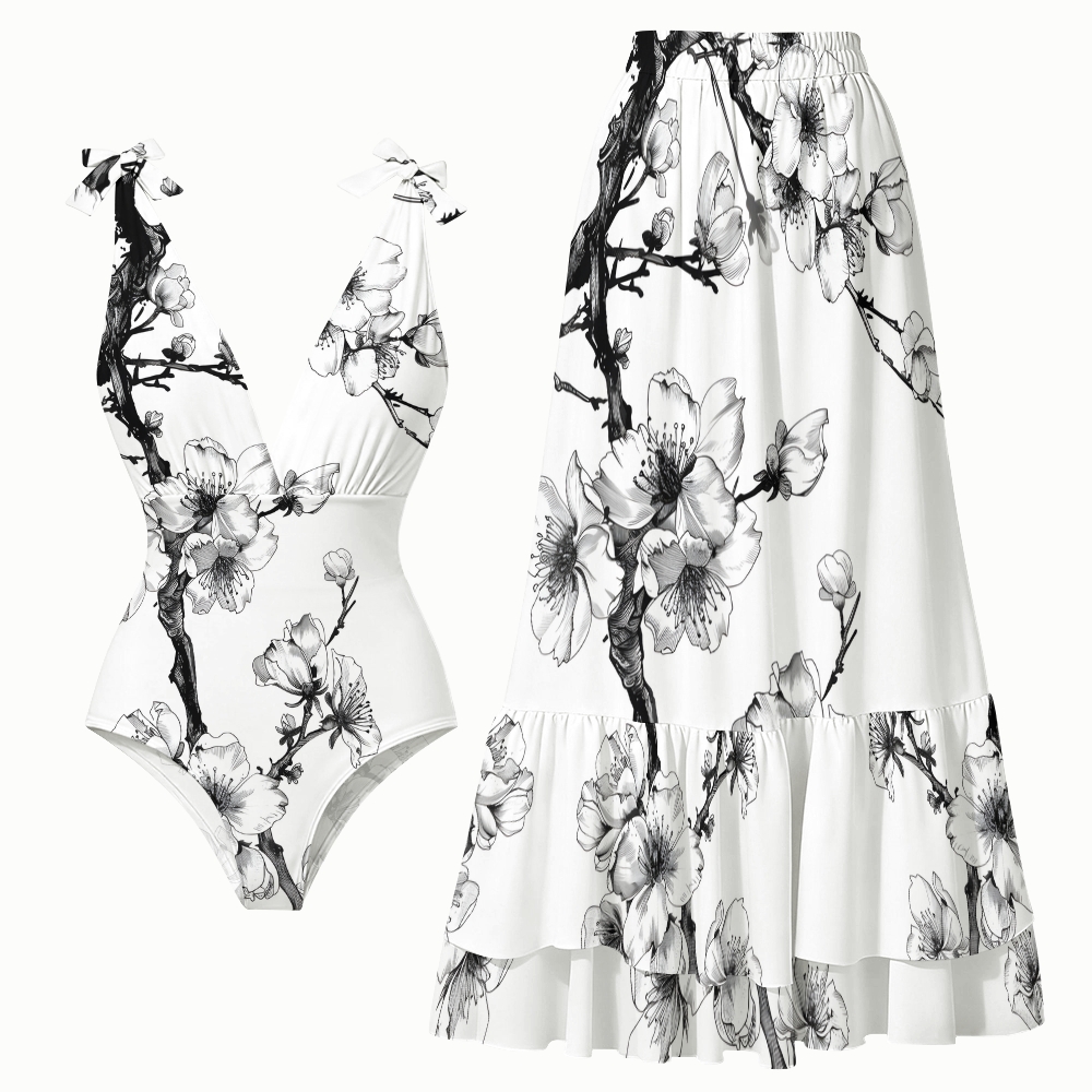 Oriental Ink Blossom One-Piece Swimsuit with Tiered Maxi Skirt