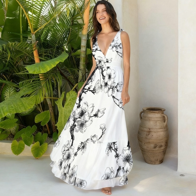 Oriental Ink Blossom One-Piece Swimsuit with Tiered Maxi Skirt