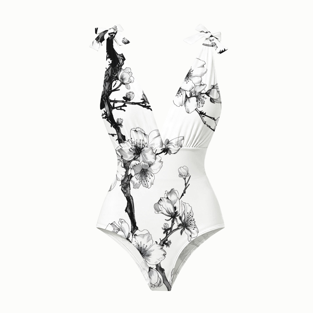 Oriental Ink Blossom One-Piece Swimsuit with Tiered Maxi Skirt