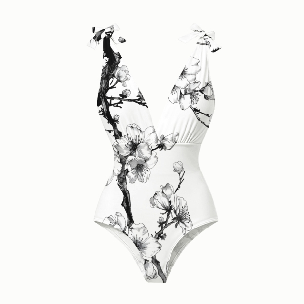 Oriental Ink Blossom One-Piece Swimsuit with Tiered Maxi Skirt
