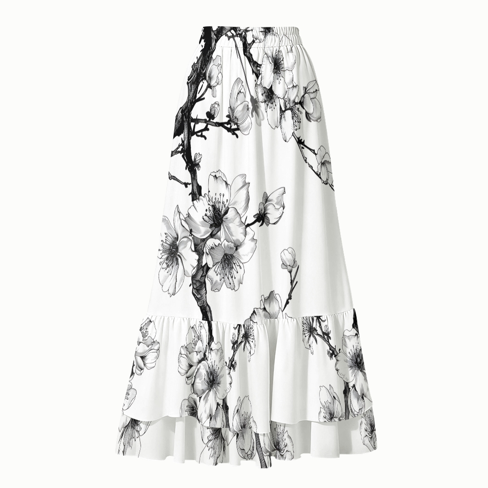 Oriental Ink Blossom One-Piece Swimsuit with Tiered Maxi Skirt
