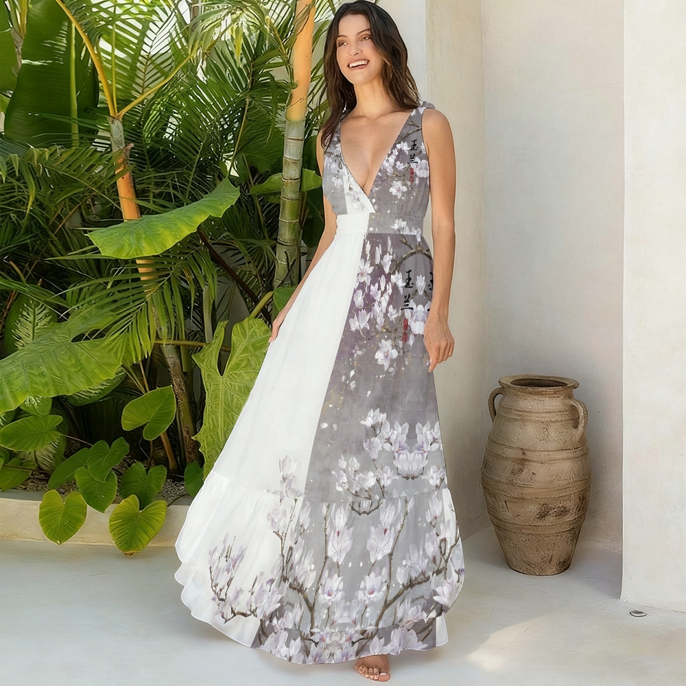 Oriental Magnolia Ink Wash One-Piece Swimsuit with Tiered Calligraphy Skirt