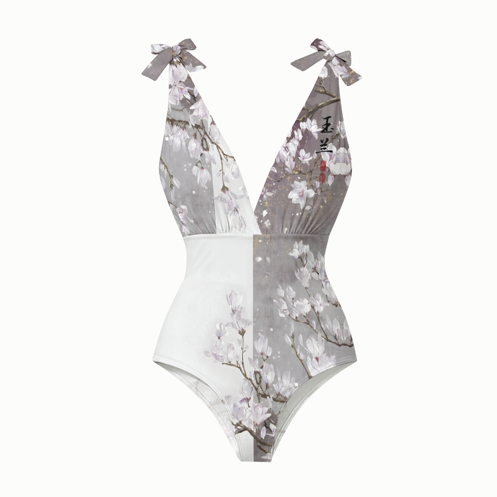Oriental Magnolia Ink Wash One-Piece Swimsuit with Tiered Calligraphy Skirt