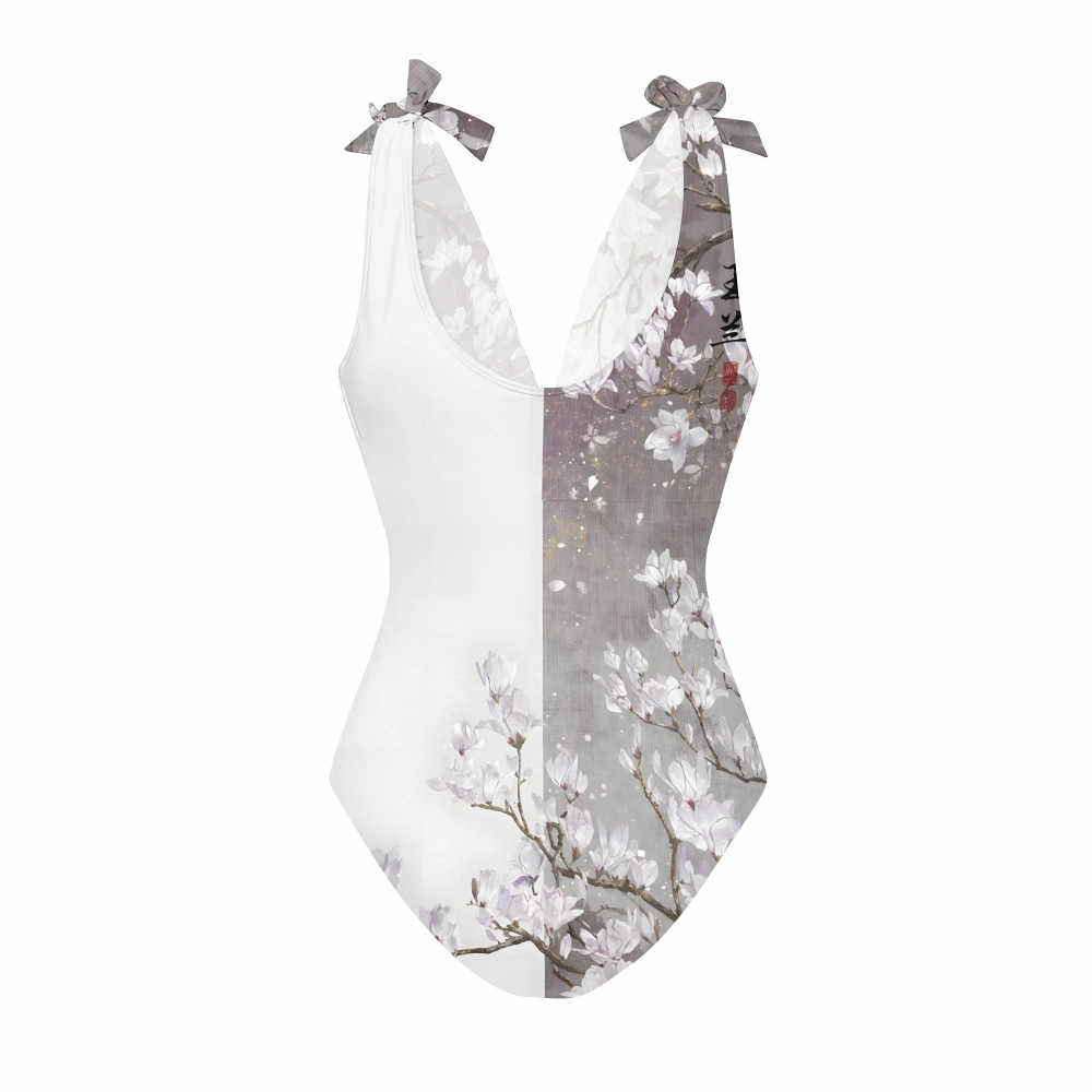 Oriental Magnolia Ink Wash One-Piece Swimsuit with Tiered Calligraphy Skirt