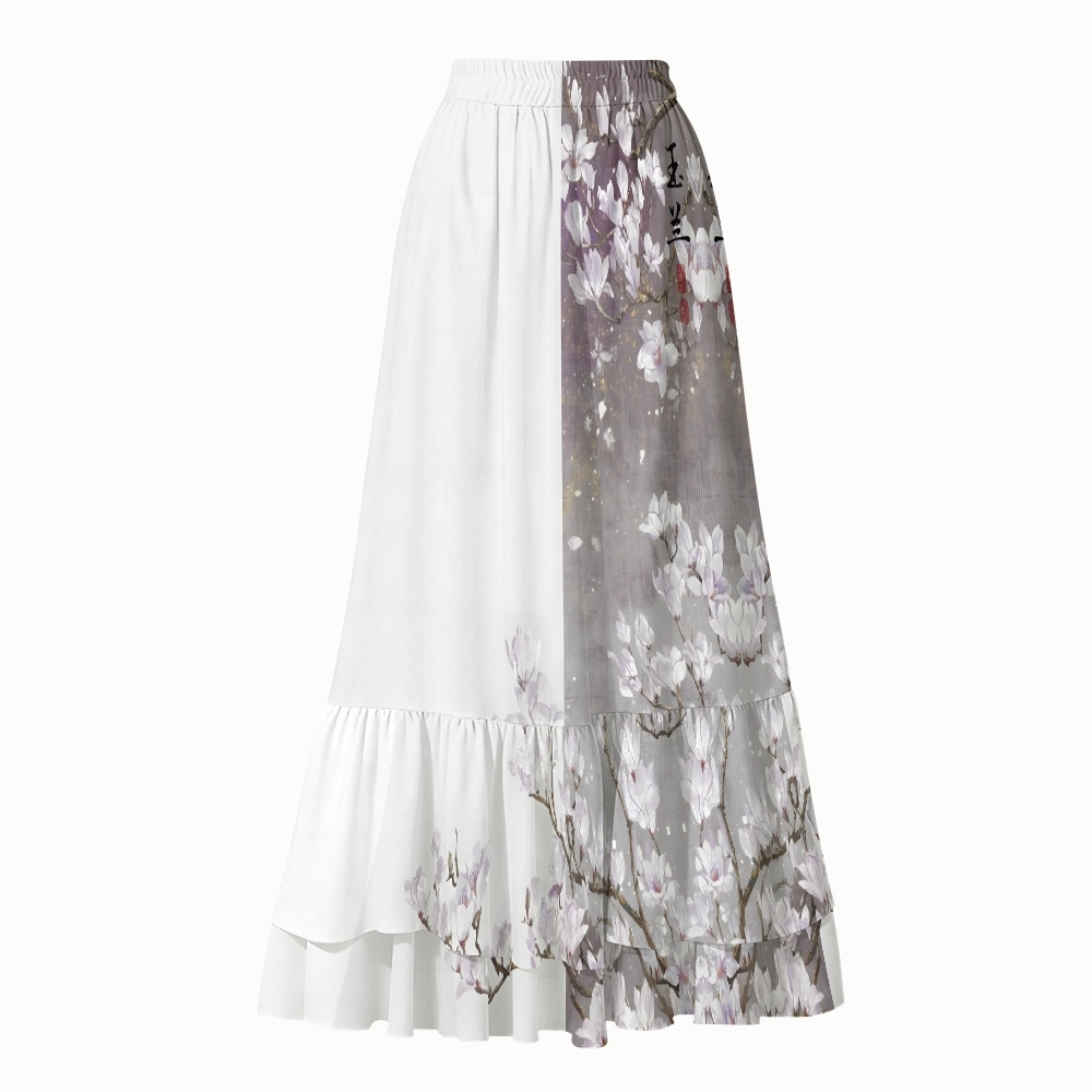 Oriental Magnolia Ink Wash One-Piece Swimsuit with Tiered Calligraphy Skirt