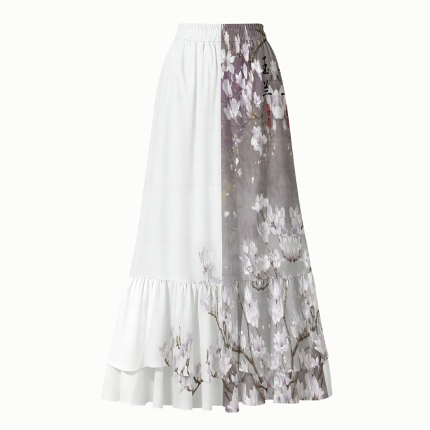 Oriental Magnolia Ink Wash One-Piece Swimsuit with Tiered Calligraphy Skirt