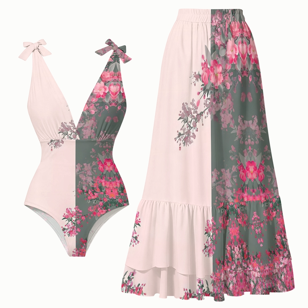 Oriental Blossom One-Piece Swimsuit with Tiered Maxi Skirt