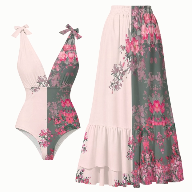 Oriental Blossom One-Piece Swimsuit with Tiered Maxi Skirt