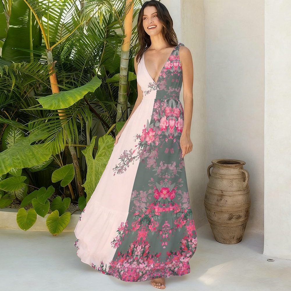 Oriental Blossom One-Piece Swimsuit with Tiered Maxi Skirt