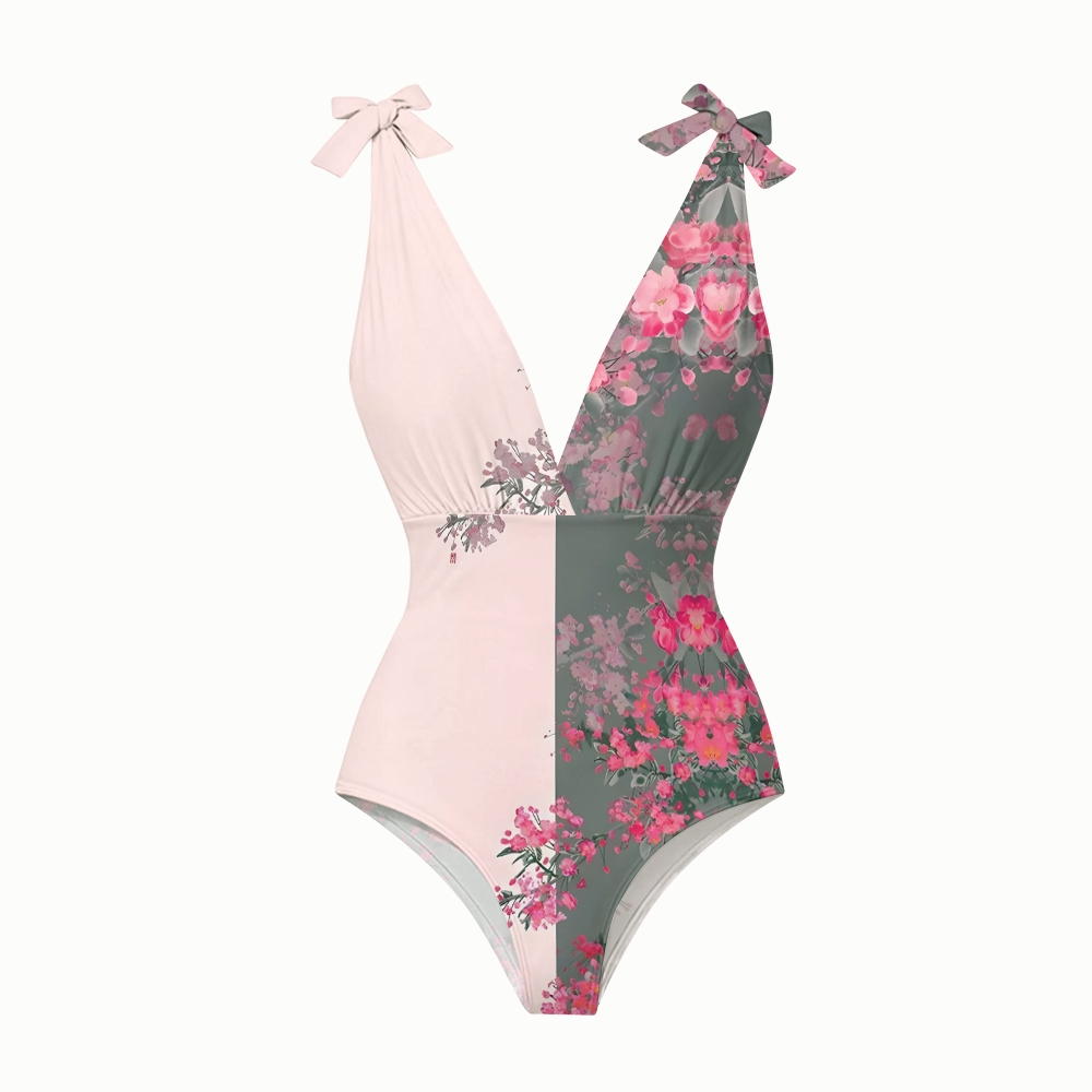 Oriental Blossom One-Piece Swimsuit with Tiered Maxi Skirt