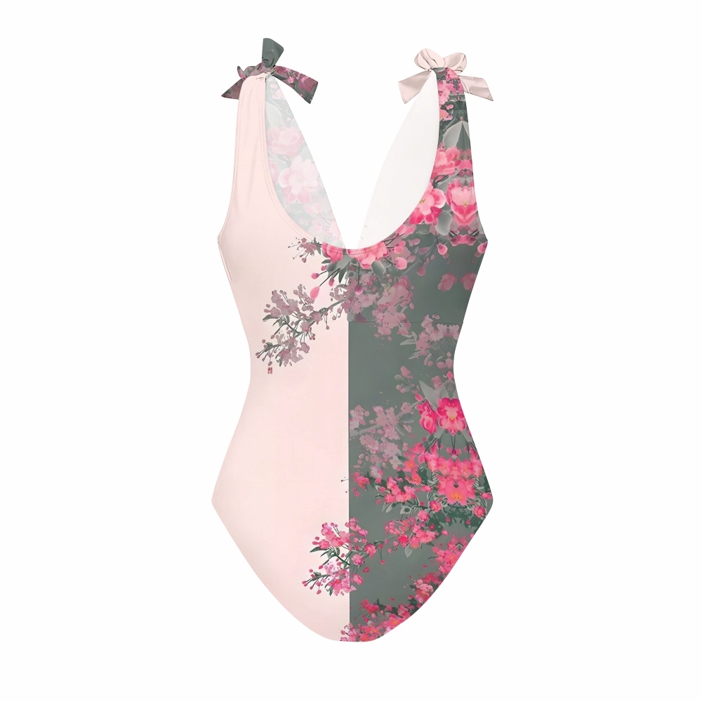 Oriental Blossom One-Piece Swimsuit with Tiered Maxi Skirt