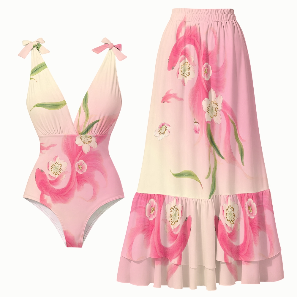 Oriental Koi and Water Lily Swimsuit with Lotus Tiered Maxi Skirt