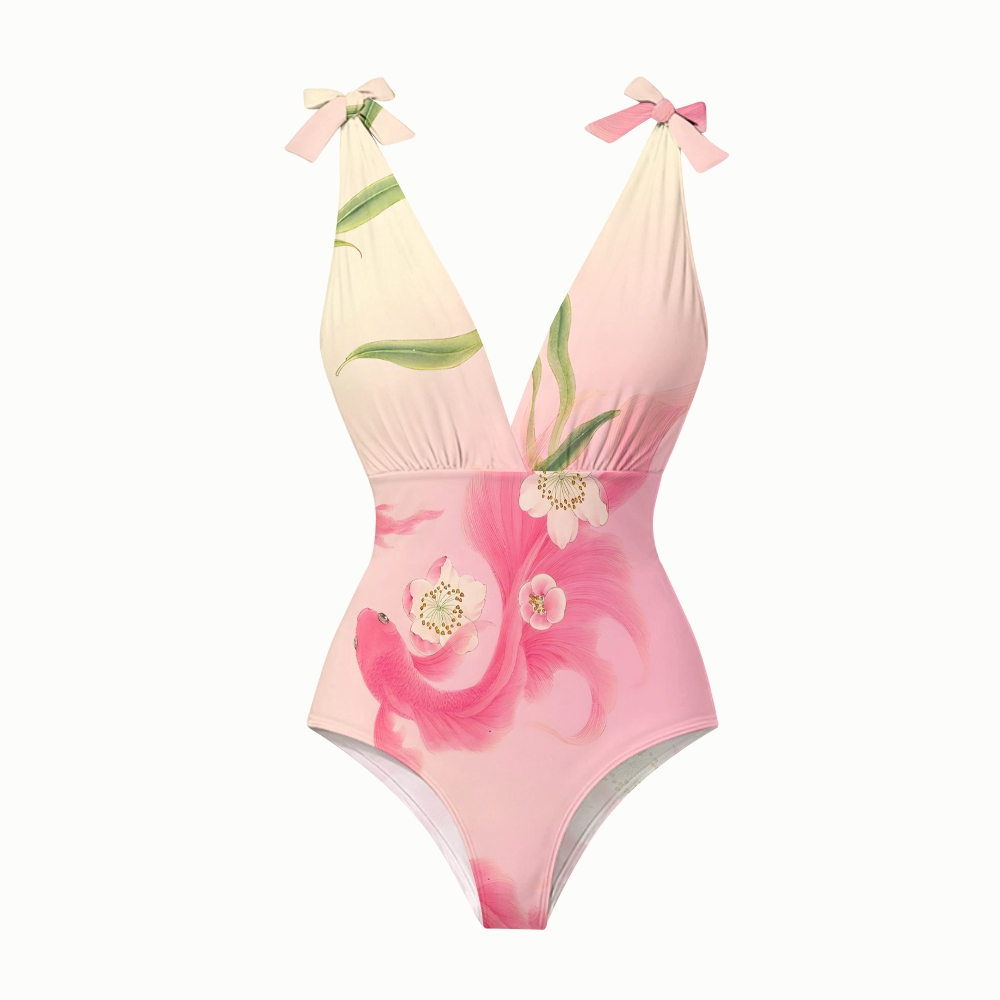 Oriental Koi and Water Lily Swimsuit with Lotus Tiered Maxi Skirt