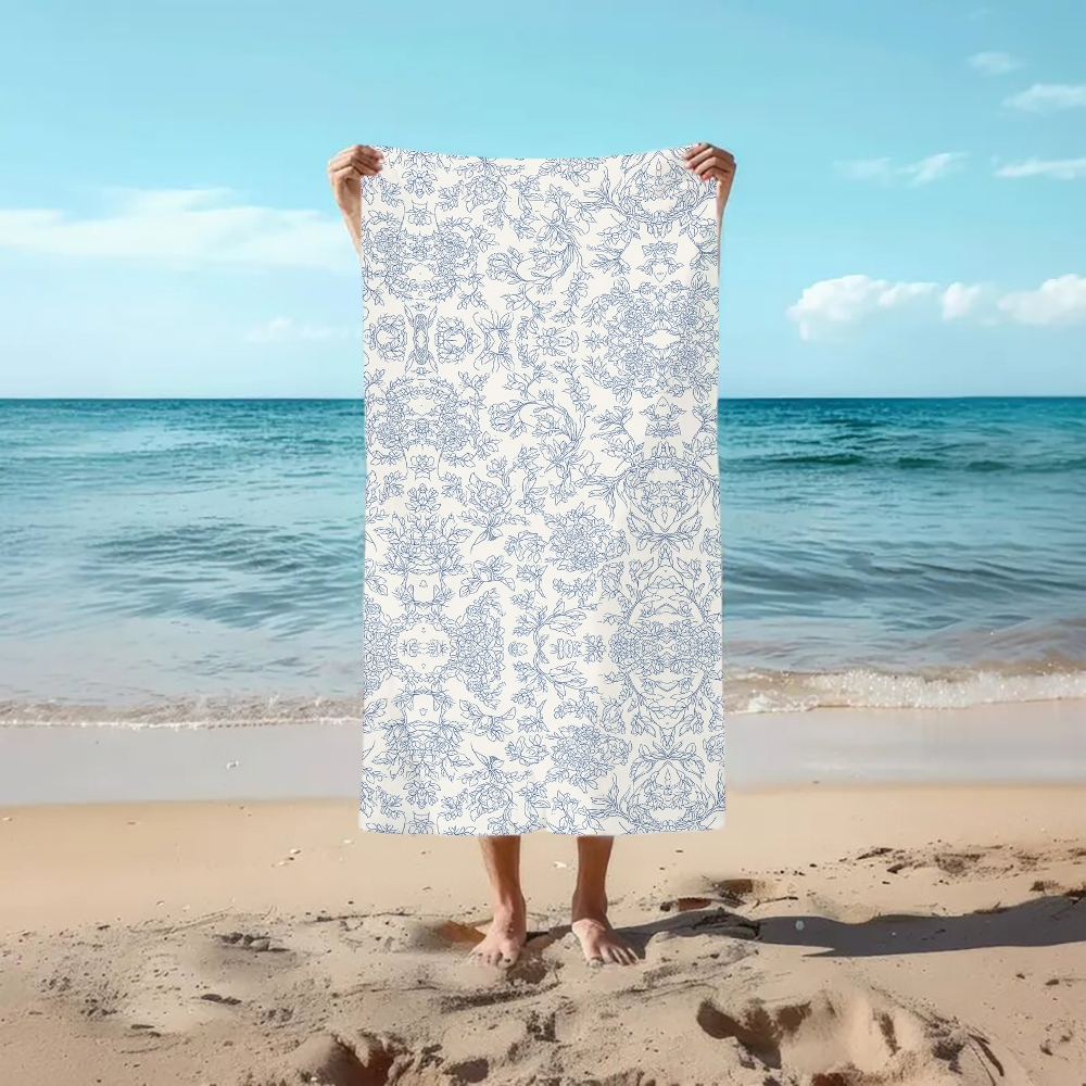 Ornamental Floral Print Beach Towel with Blue Botanical Motif
