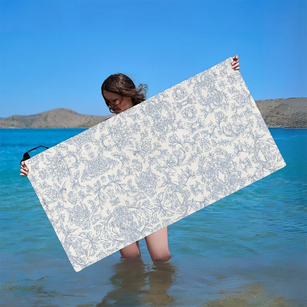 Ornamental Floral Print Beach Towel with Blue Botanical Motif