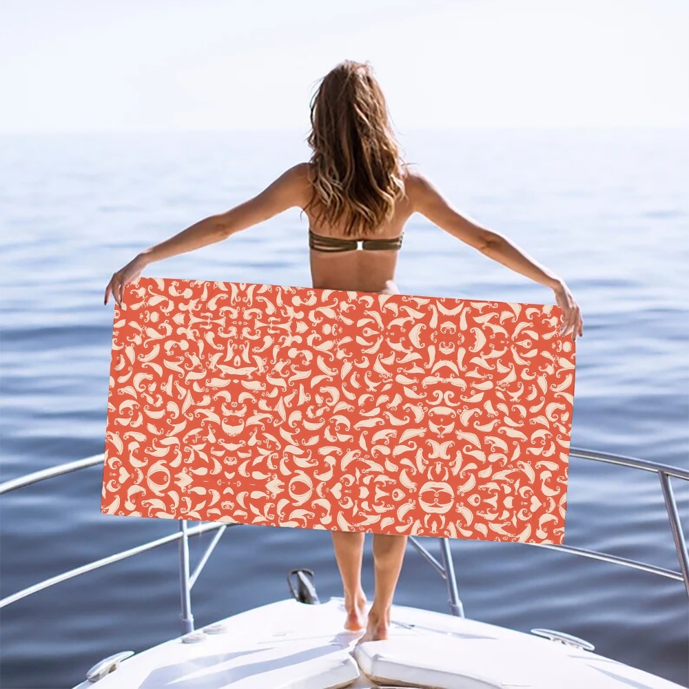 Sea Creature Print Beach Towel with Whale, Dolphin and Fish Motif