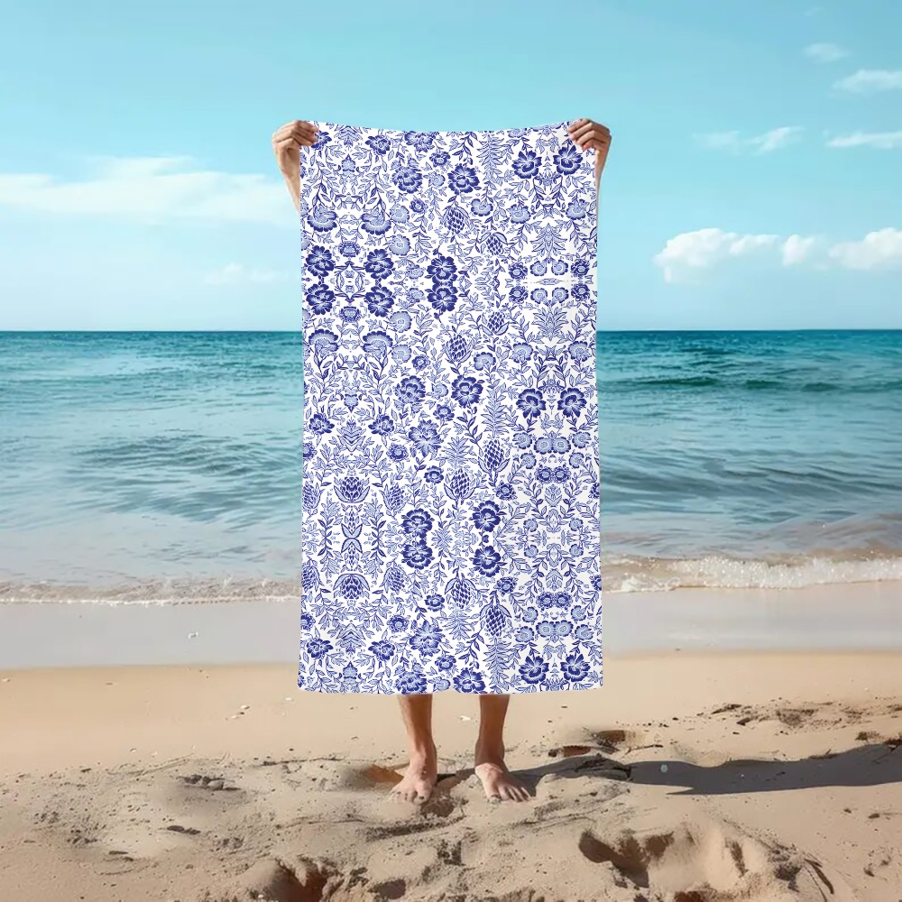 Blue and White Floral Print Beach Towel with Botanical Motif