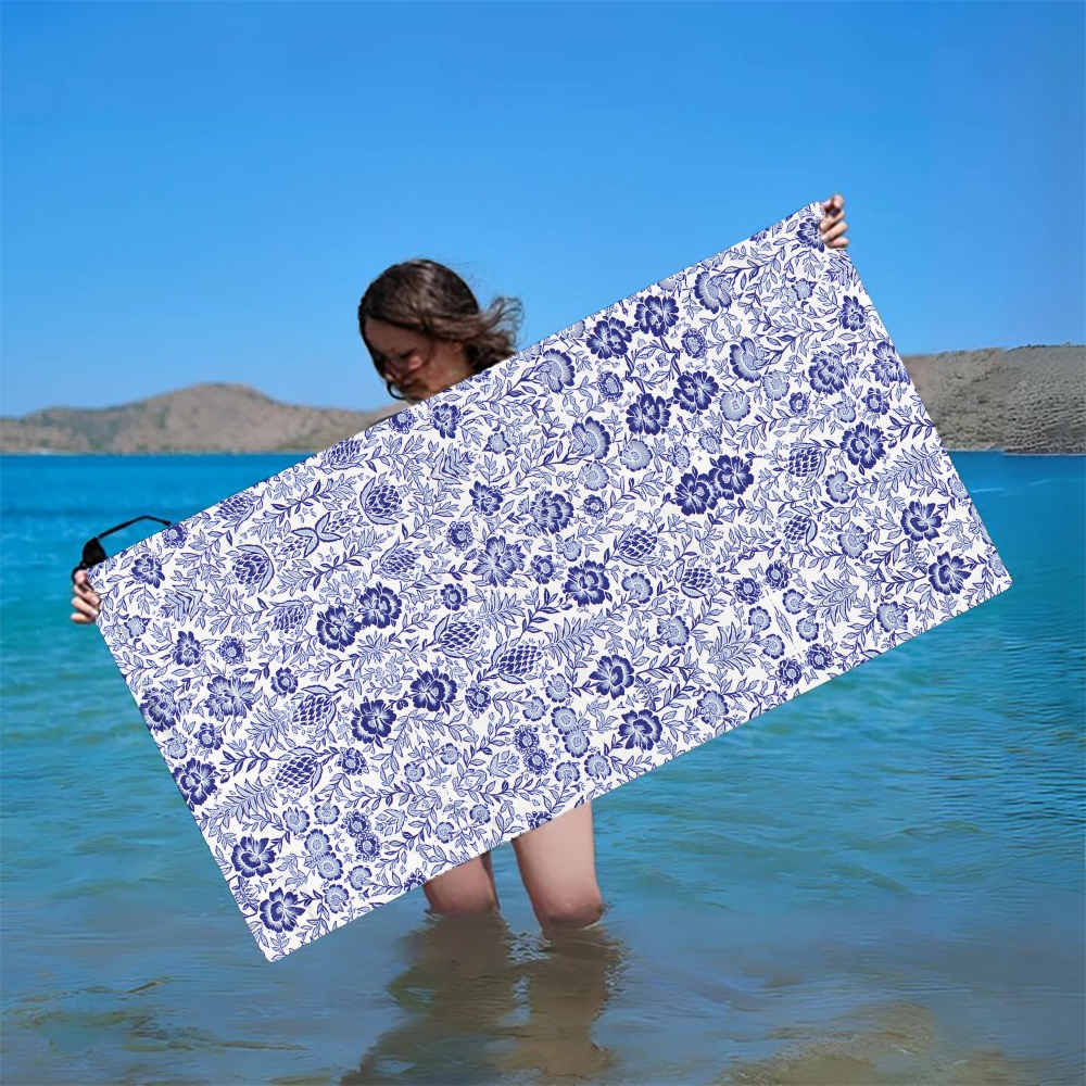 Blue and White Floral Print Beach Towel with Botanical Motif