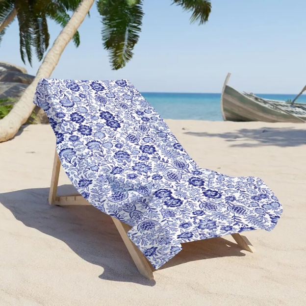 Blue and White Floral Print Beach Towel with Botanical Motif