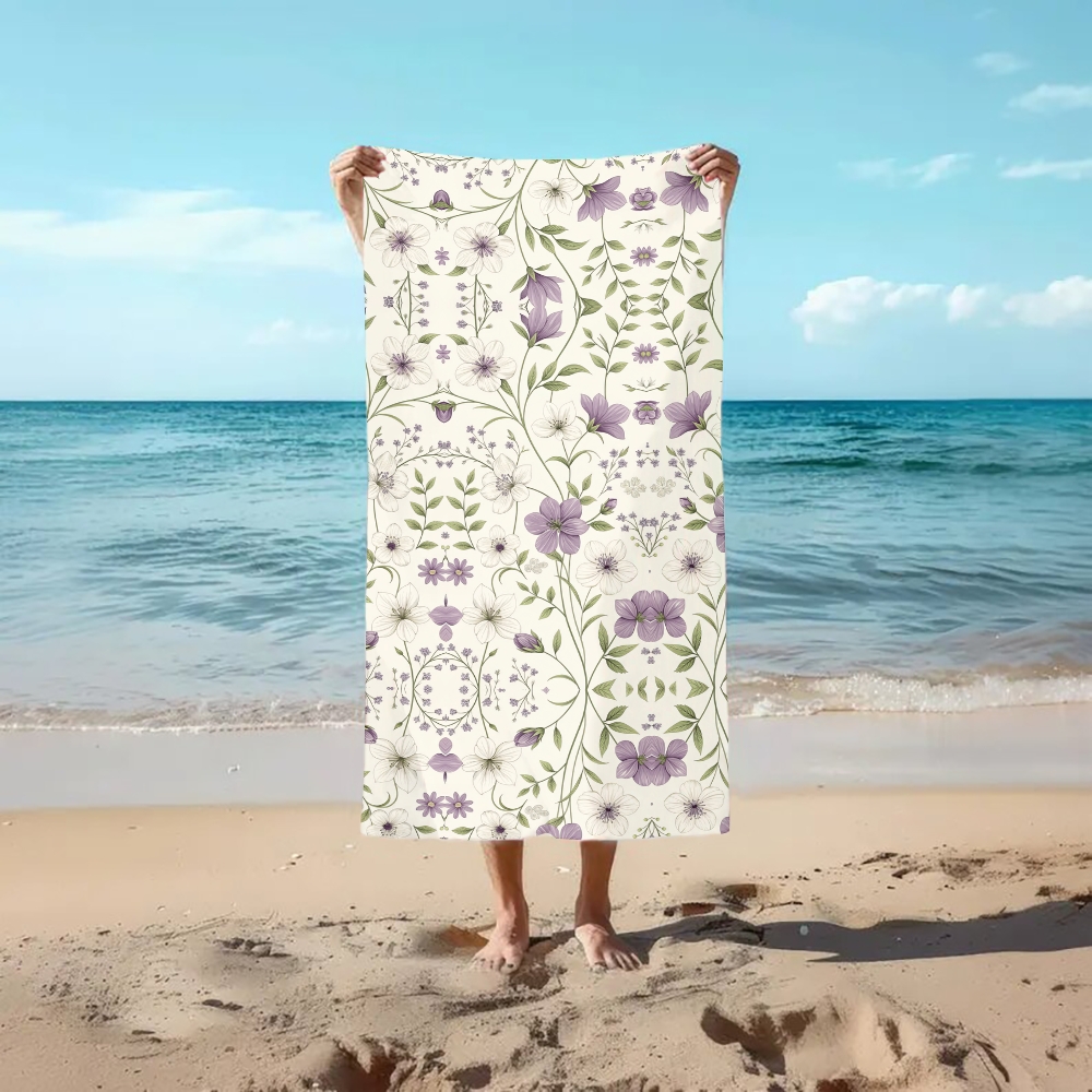Floral Vine Print Beach Towel with Purple and Green Motif