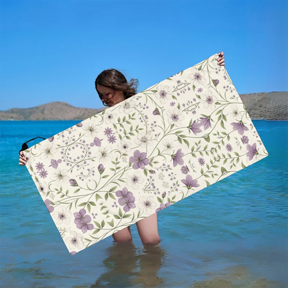 Floral Vine Print Beach Towel with Purple and Green Motif