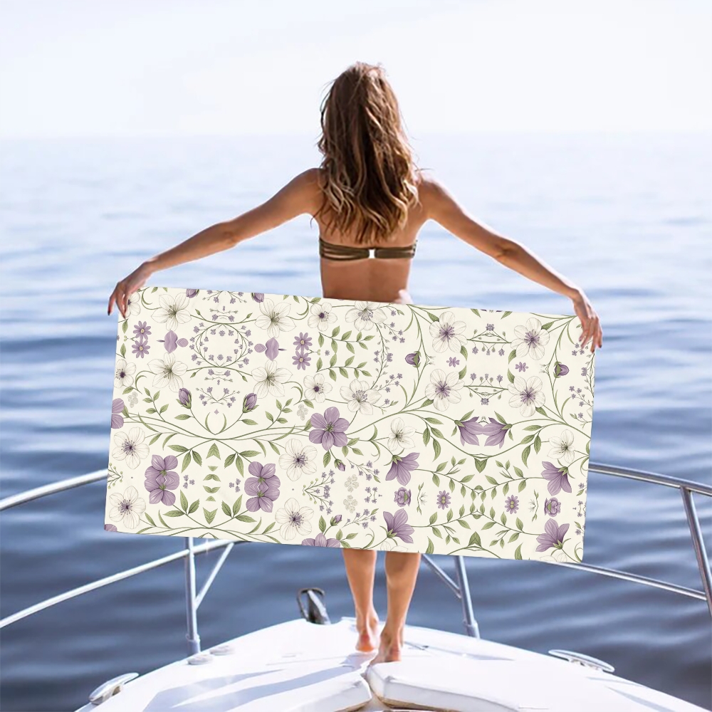 Floral Vine Print Beach Towel with Purple and Green Motif