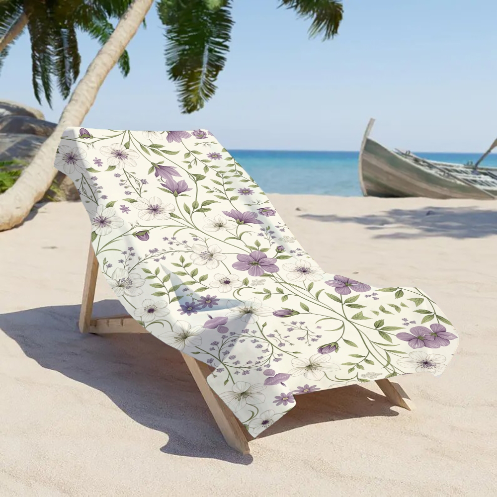 Floral Vine Print Beach Towel with Purple and Green Motif