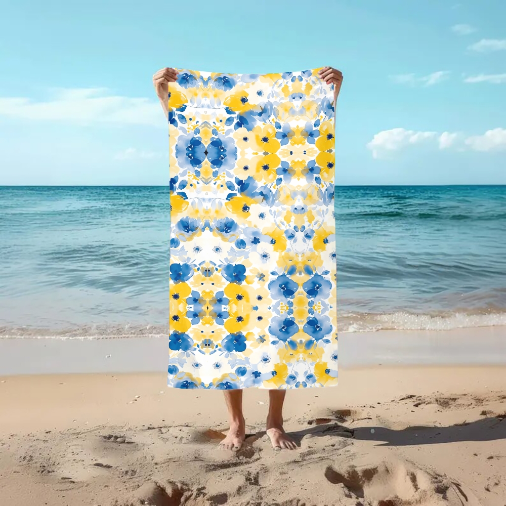Symmetrical Floral Print Beach Towel with Blue and Yellow Motif