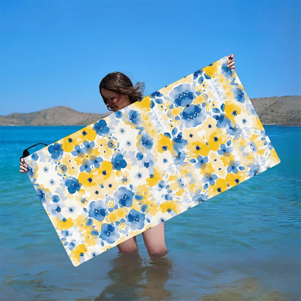 Symmetrical Floral Print Beach Towel with Blue and Yellow Motif