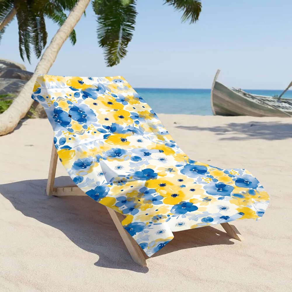 Symmetrical Floral Print Beach Towel with Blue and Yellow Motif