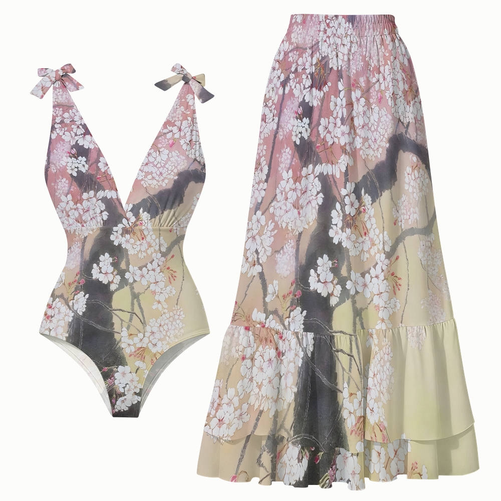 Oriental Spring Sakura One-Piece Swimsuit with Tiered Maxi Skirt