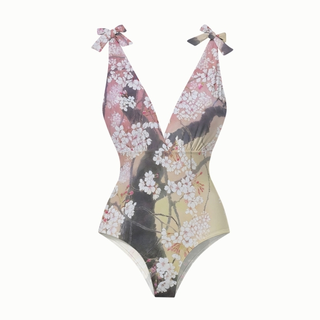 Oriental Spring Sakura One-Piece Swimsuit with Tiered Maxi Skirt