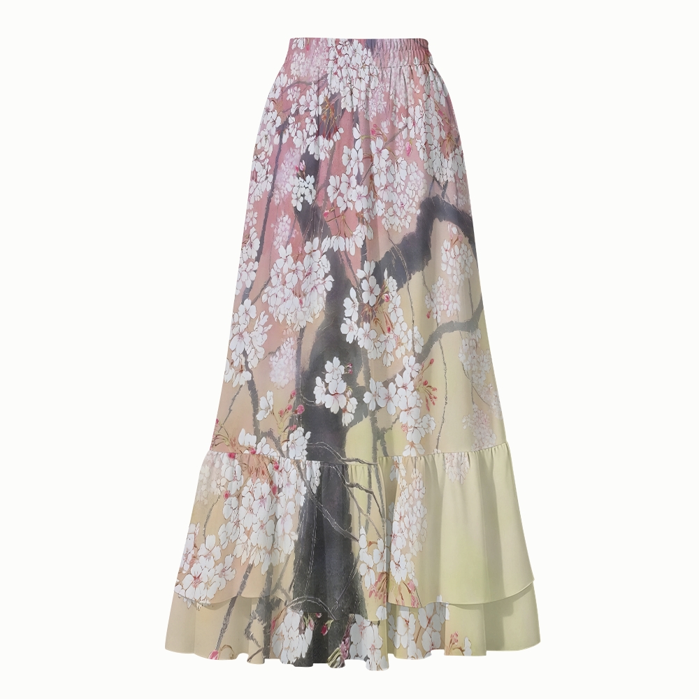 Oriental Spring Sakura One-Piece Swimsuit with Tiered Maxi Skirt