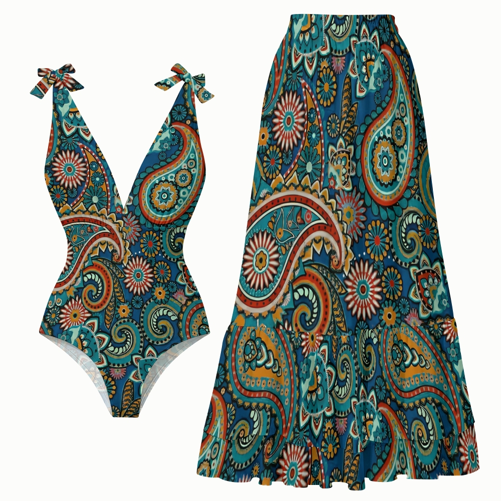 Boho Paisley Ethnic One-Piece Swimsuit with Tiered Maxi Skirt
