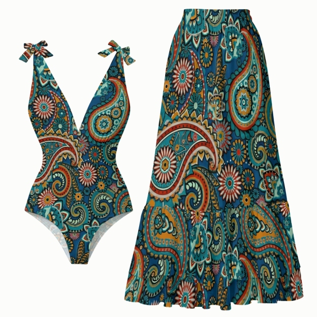Boho Paisley Ethnic One-Piece Swimsuit with Tiered Maxi Skirt