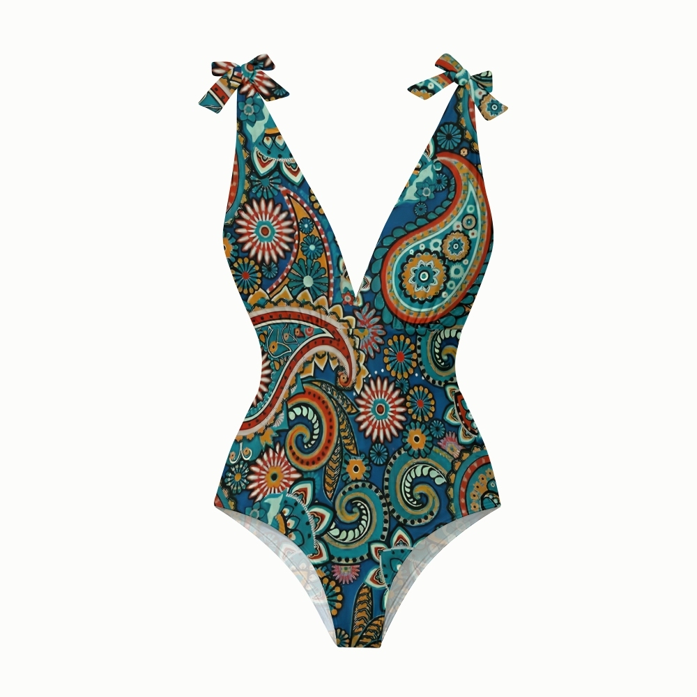 Boho Paisley Ethnic One-Piece Swimsuit with Tiered Maxi Skirt