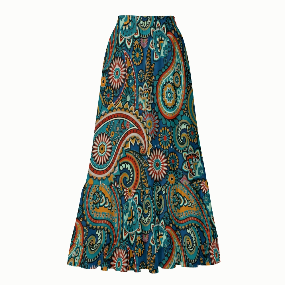 Boho Paisley Ethnic One-Piece Swimsuit with Tiered Maxi Skirt