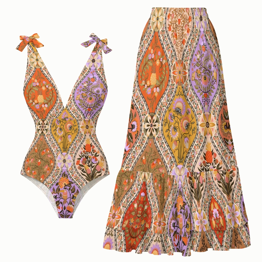 Boho Patchwork One-Piece Swimsuit with Matching Tiered Maxi Skirt
