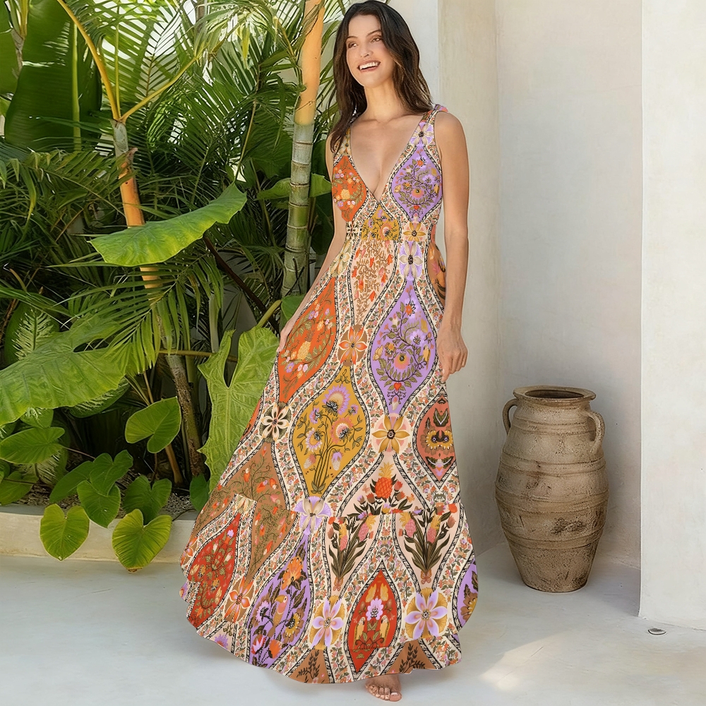 Boho Patchwork One-Piece Swimsuit with Matching Tiered Maxi Skirt