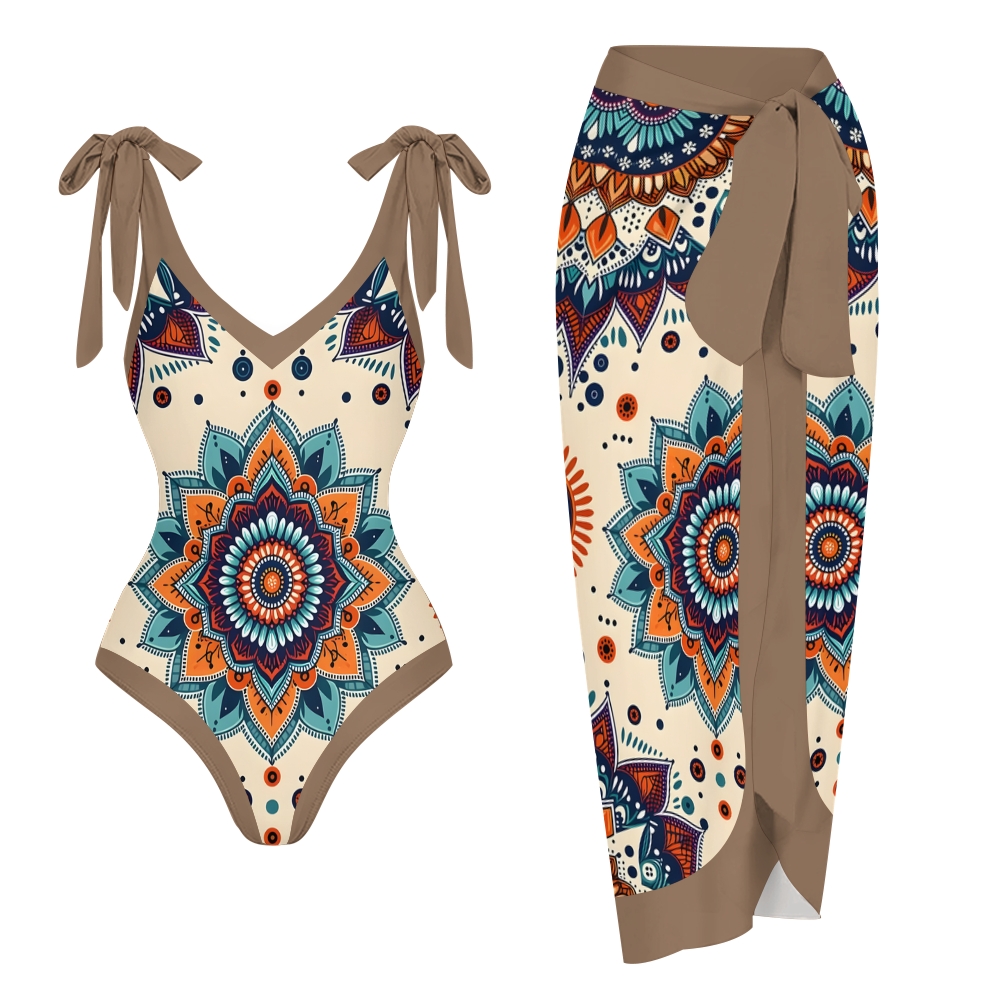 Boho Mandala Print One-Piece Swimsuit with Matching Sarong Skirt