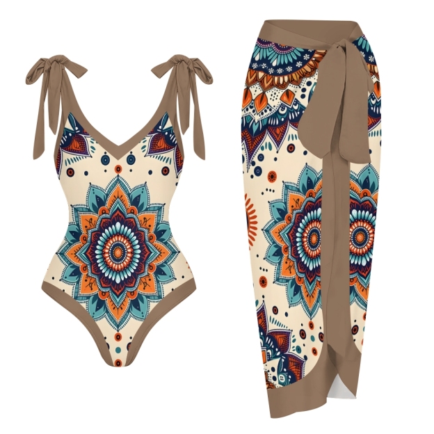 Boho Mandala Print One-Piece Swimsuit with Matching Sarong Skirt