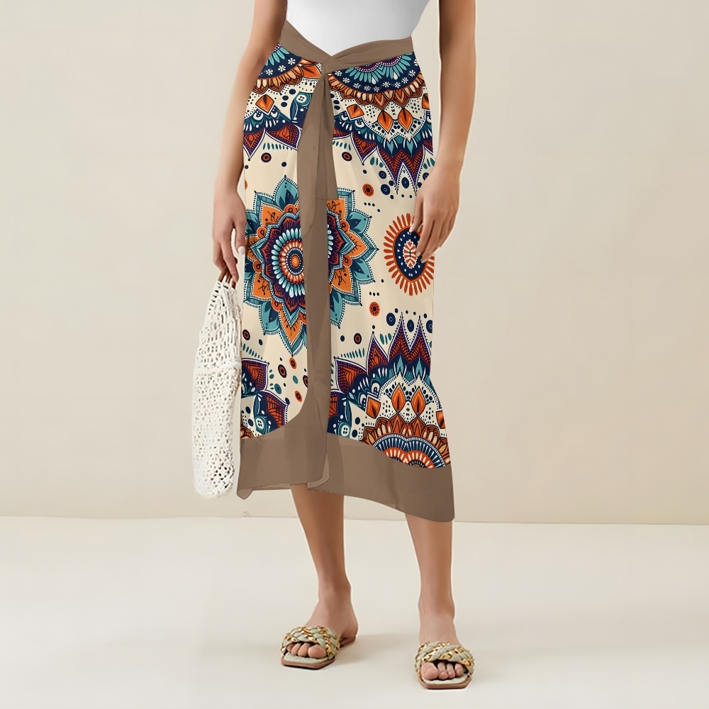 Boho Mandala Print One-Piece Swimsuit with Matching Sarong Skirt