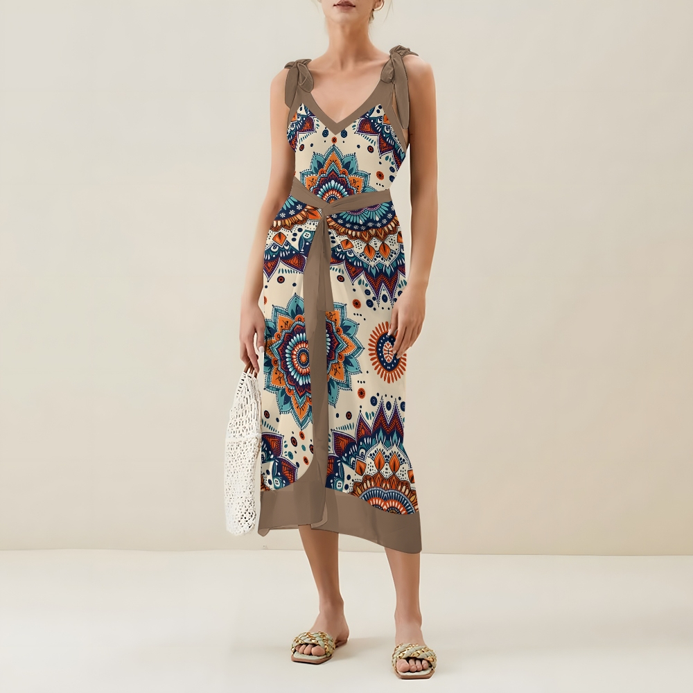 Boho Mandala Print One-Piece Swimsuit with Matching Sarong Skirt