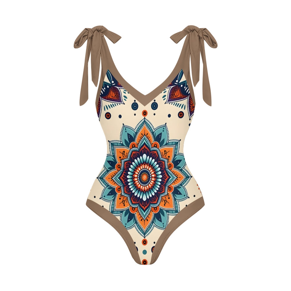 Boho Mandala Print One-Piece Swimsuit with Matching Sarong Skirt